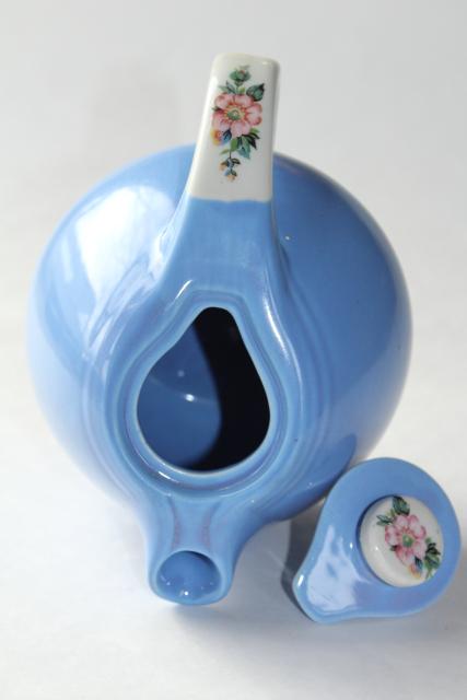 photo of vintage Rose Parade Hall china teapot, art deco streamline shape, sky blue w/ wild roses #6