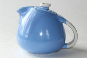 catalog photo of vintage Rose Parade Hall china teapot, art deco streamline shape, sky blue w/ wild roses