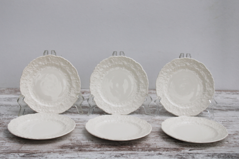 photo of vintage Rose Point Pose Gosser china bread or dessert plates, embossed floral border all white creamware color #1