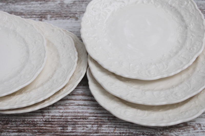 photo of vintage Rose Point Pose Gosser china bread or dessert plates, embossed floral border all white creamware color #5