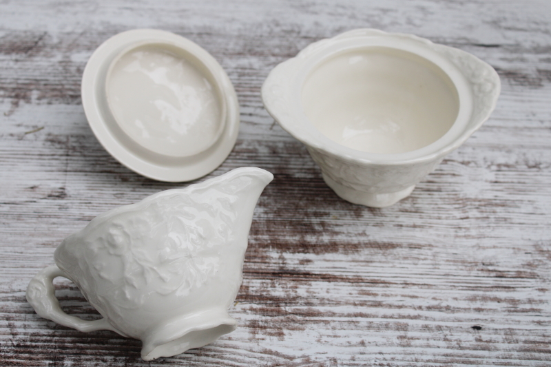 photo of vintage Rose Point Pose Gosser china creamer sugar set, embossed floral border all white creamware color #3