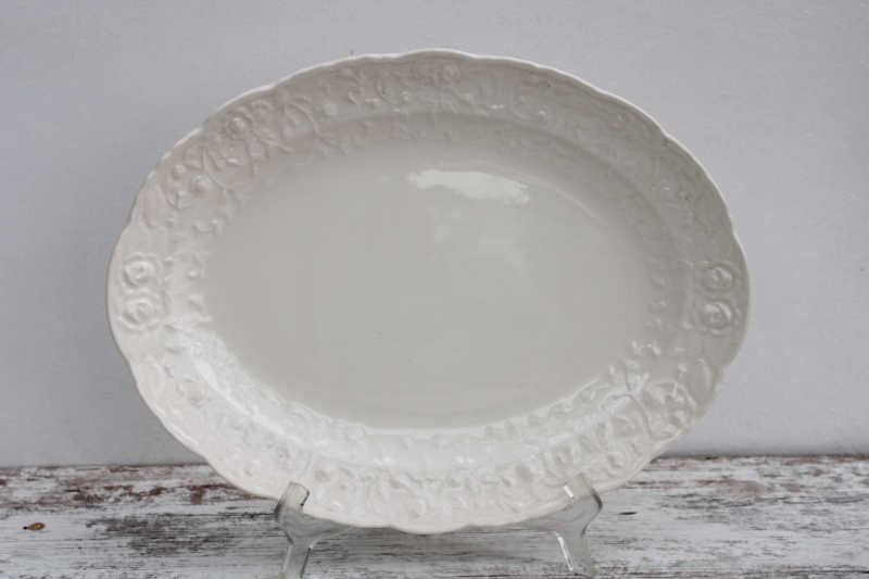 photo of vintage Rose Point Pose Gosser china platter, embossed floral border all white creamware color #1