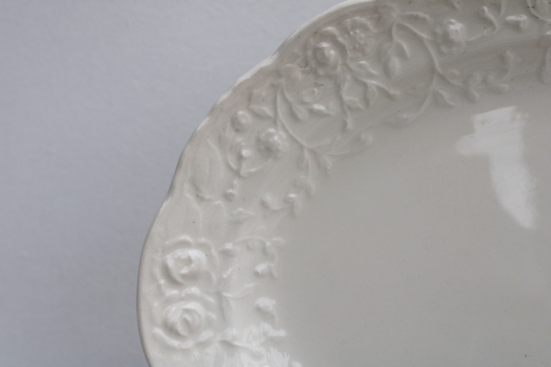 photo of vintage Rose Point Pose Gosser china platter, embossed floral border all white creamware color #2