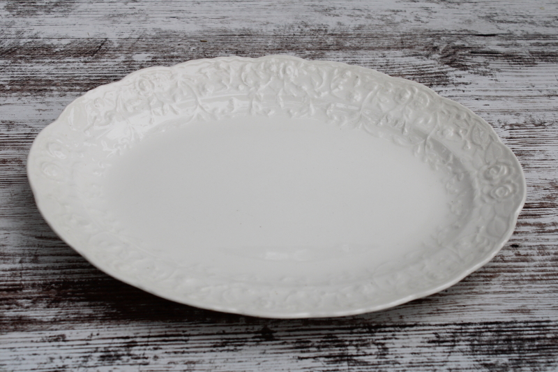 photo of vintage Rose Point Pose Gosser china platter, embossed floral border all white creamware color #3