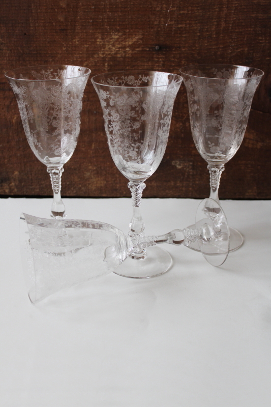 photo of vintage Rose Point floral etch Cambridge water goblets or large wine glasses #1