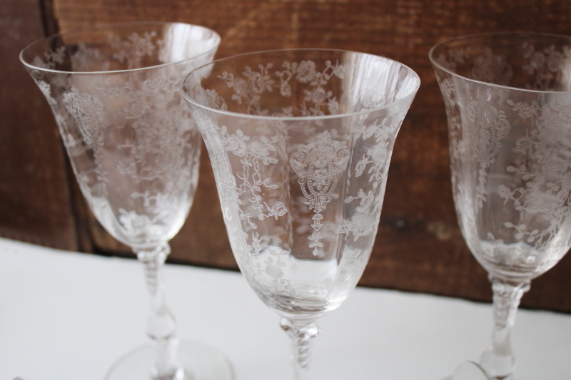 photo of vintage Rose Point floral etch Cambridge water goblets or large wine glasses #2