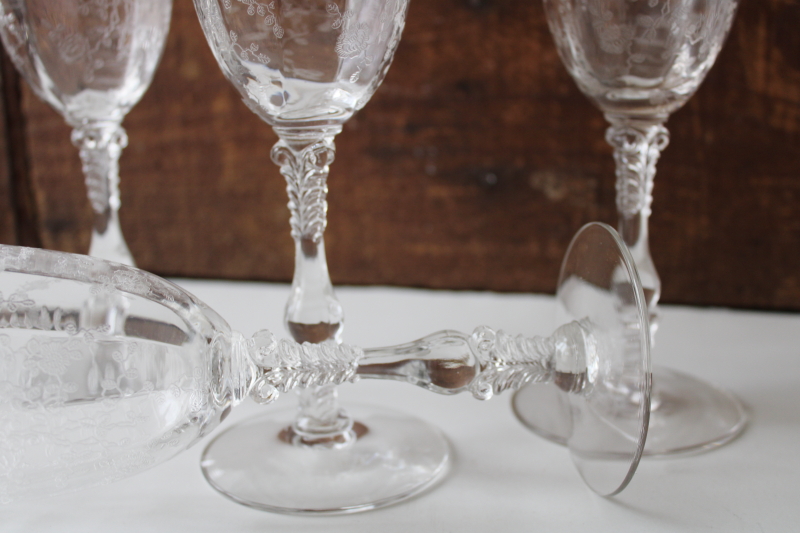 photo of vintage Rose Point floral etch Cambridge water goblets or large wine glasses #4