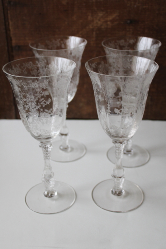 photo of vintage Rose Point floral etch Cambridge water goblets or large wine glasses #5
