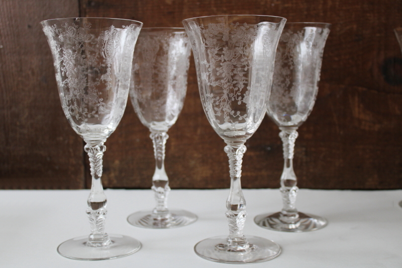 photo of vintage Rose Point floral etch Cambridge water goblets or large wine glasses #6
