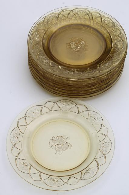 photo of vintage Rosemary amber yellow glass dinner plates set of 10, Federal Dutch Rose depression glass #1