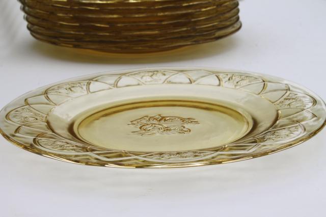 photo of vintage Rosemary amber yellow glass dinner plates set of 10, Federal Dutch Rose depression glass #3