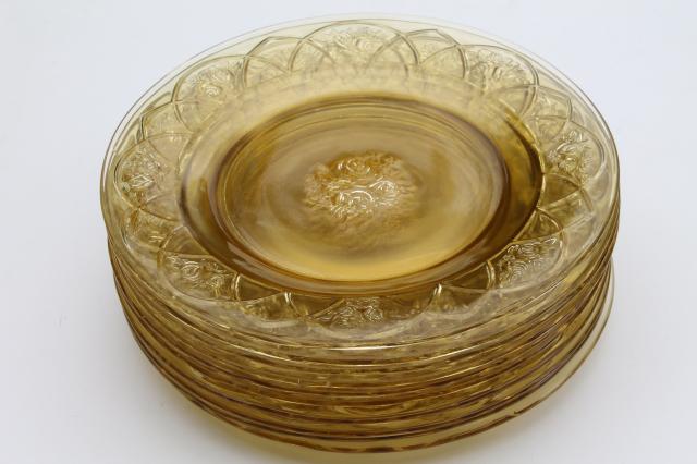 photo of vintage Rosemary amber yellow glass dinner plates set of 10, Federal Dutch Rose depression glass #4