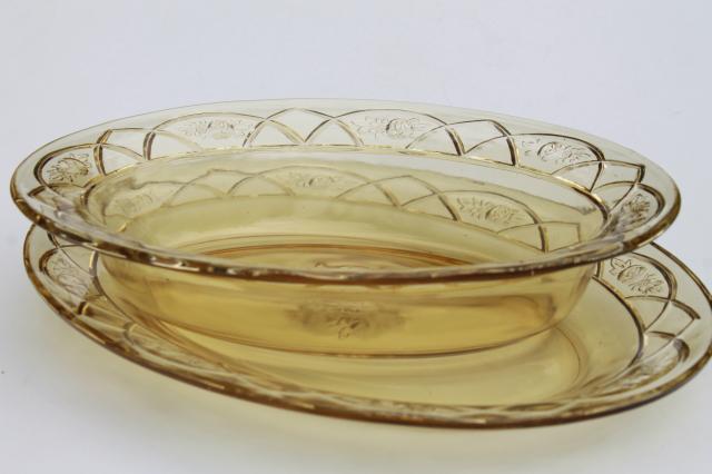 photo of vintage Rosemary amber yellow glass platter & oval bowl, Federal Dutch Rose depression glass #1