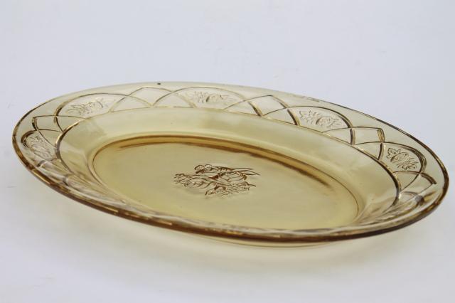 photo of vintage Rosemary amber yellow glass platter & oval bowl, Federal Dutch Rose depression glass #2