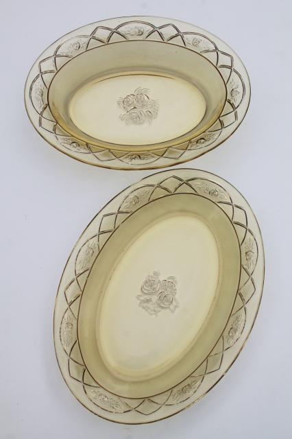 photo of vintage Rosemary amber yellow glass platter & oval bowl, Federal Dutch Rose depression glass #4