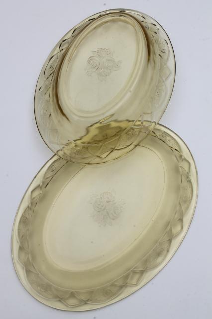 photo of vintage Rosemary amber yellow glass platter & oval bowl, Federal Dutch Rose depression glass #5