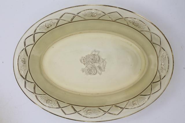 photo of vintage Rosemary amber yellow glass platter & oval bowl, Federal Dutch Rose depression glass #6