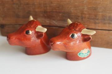 catalog photo of vintage Rosemeade pottery red shorthorn cows or bulls S&P shakers set, original label 