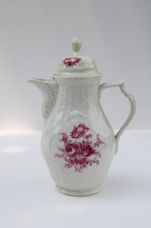 photo of vintage Rosenthal Sanssouci embossed ivory china coffee pot, Meissen floral in red pink #1