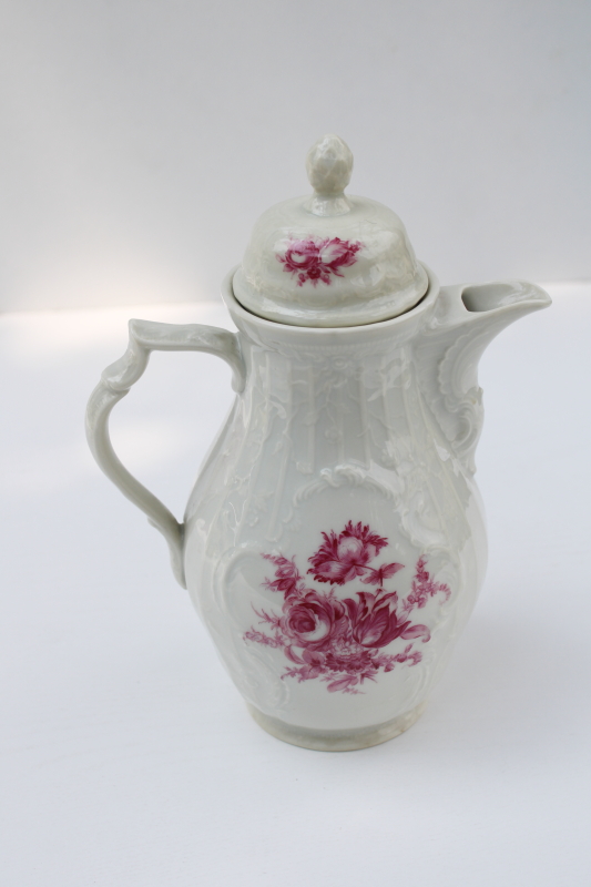 photo of vintage Rosenthal Sanssouci embossed ivory china coffee pot, Meissen floral in red pink #2