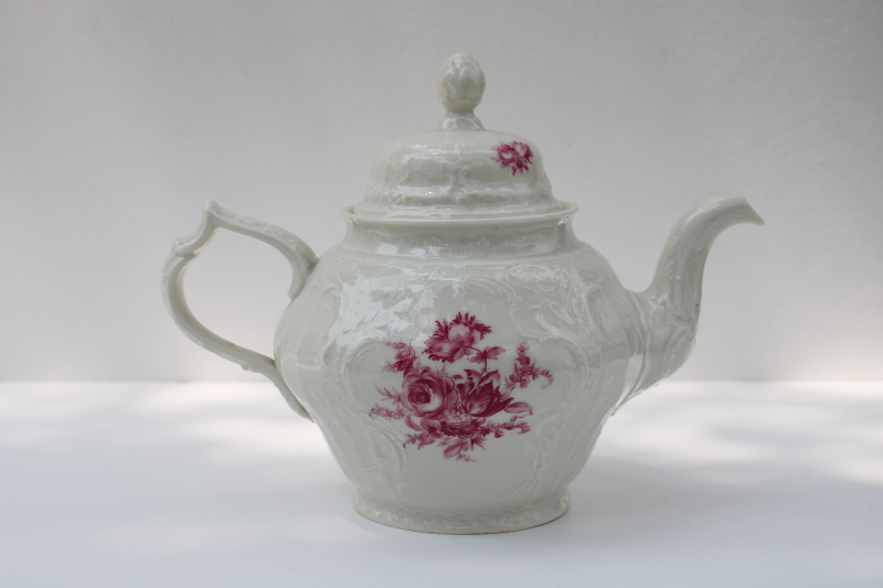 photo of vintage Rosenthal Sanssouci embossed ivory china teapot, Meissen floral in red pink #1