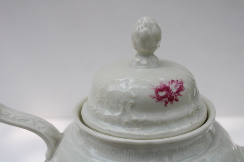 photo of vintage Rosenthal Sanssouci embossed ivory china teapot, Meissen floral in red pink #3