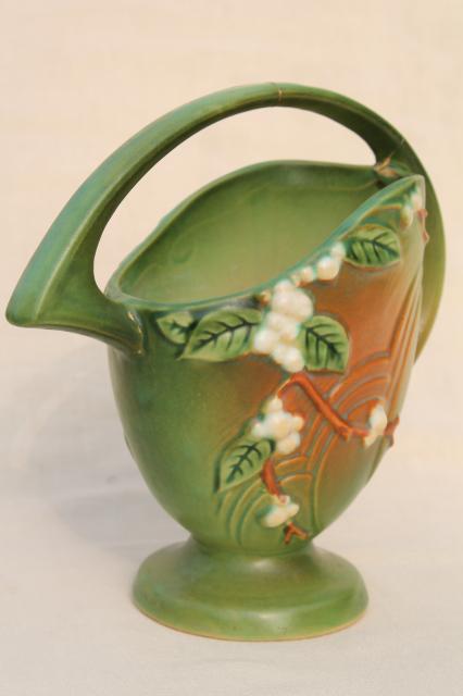 photo of vintage Roseville pottery snowberry basket handle vase, shabby w/ repairs #3