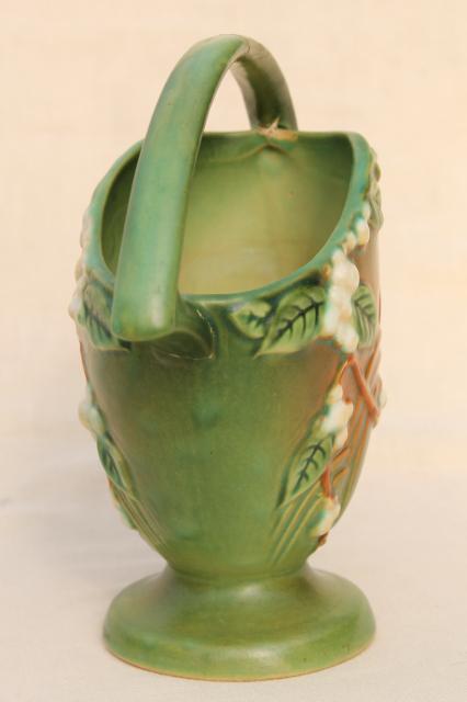 photo of vintage Roseville pottery snowberry basket handle vase, shabby w/ repairs #5