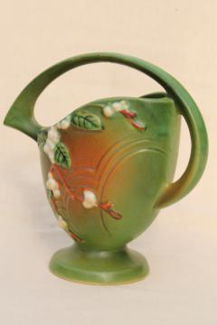 catalog photo of vintage Roseville pottery snowberry basket handle vase, shabby w/ repairs