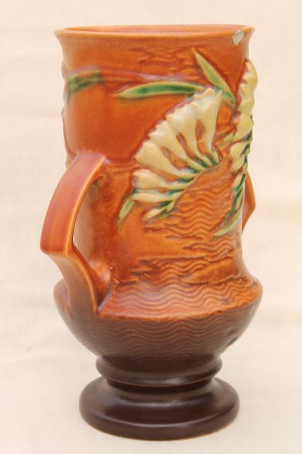 photo of vintage Roseville pottery tangerine brown freesia vase, shabby w/ chips #4