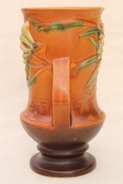 photo of vintage Roseville pottery tangerine brown freesia vase, shabby w/ chips #5