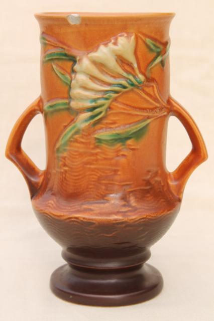 photo of vintage Roseville pottery tangerine brown freesia vase, shabby w/ chips #6