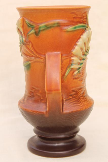 photo of vintage Roseville pottery tangerine brown freesia vase, shabby w/ chips #7