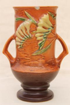 catalog photo of vintage Roseville pottery tangerine brown freesia vase, shabby w/ chips