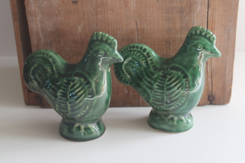 photo of vintage Rowe pottery S&P shakers set green glaze roosters or hens  #1