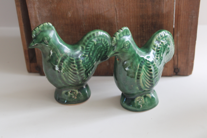 photo of vintage Rowe pottery S&P shakers set green glaze roosters or hens  #2