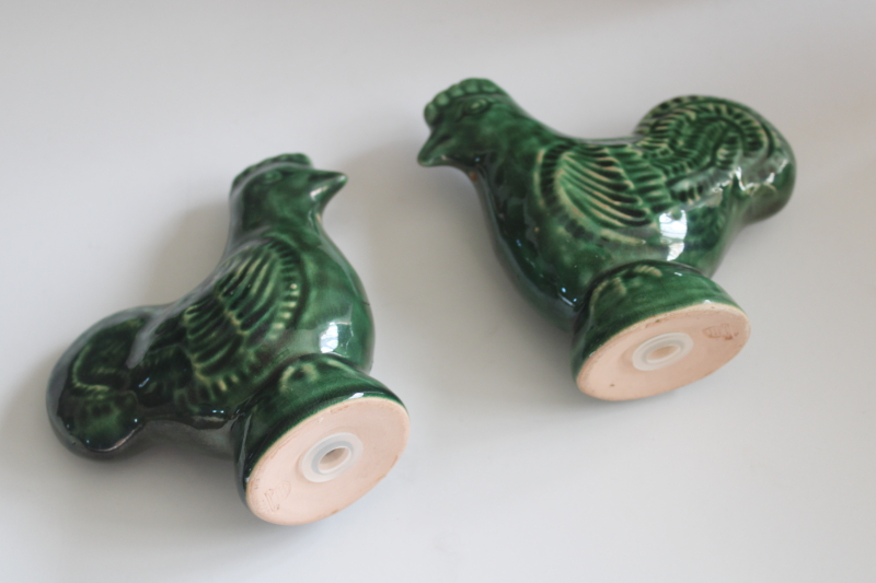 photo of vintage Rowe pottery S&P shakers set green glaze roosters or hens  #3