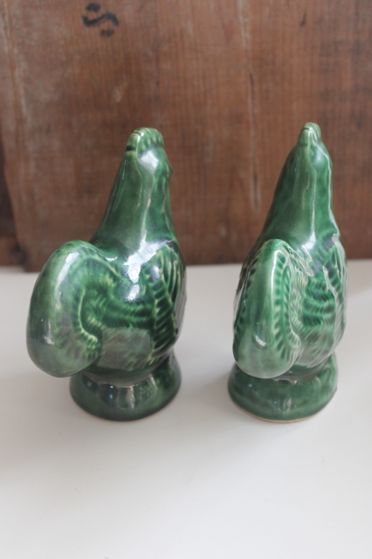 photo of vintage Rowe pottery S&P shakers set green glaze roosters or hens  #6