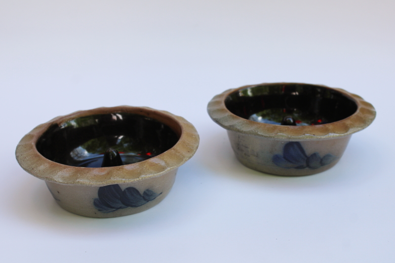 photo of vintage Rowe pottery apple baker dishes, salt glazed stonewareware w/ blue  #1