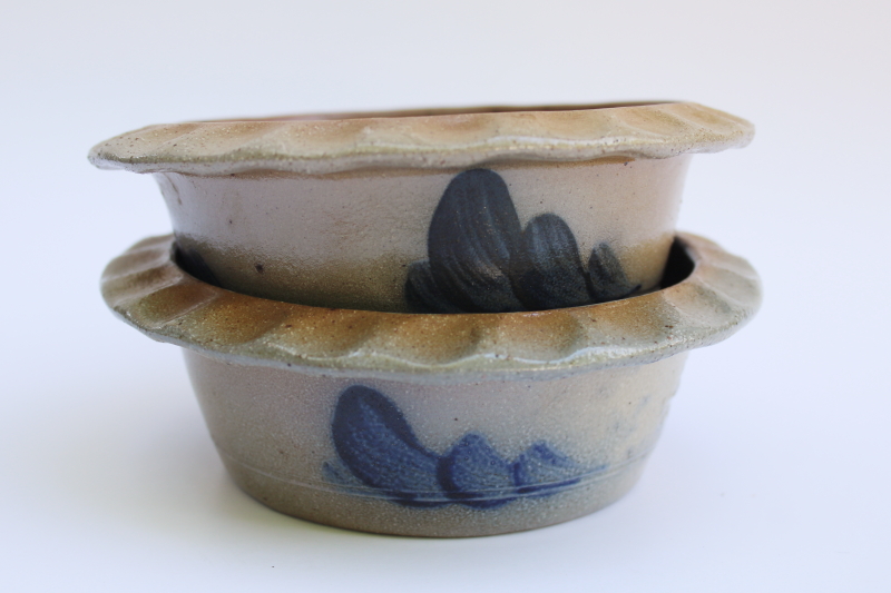 photo of vintage Rowe pottery apple baker dishes, salt glazed stonewareware w/ blue #5