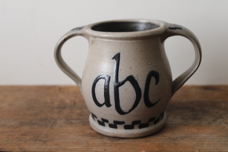 photo of vintage Rowe pottery stoneware crock, primitive style ABC double handled cup  #1