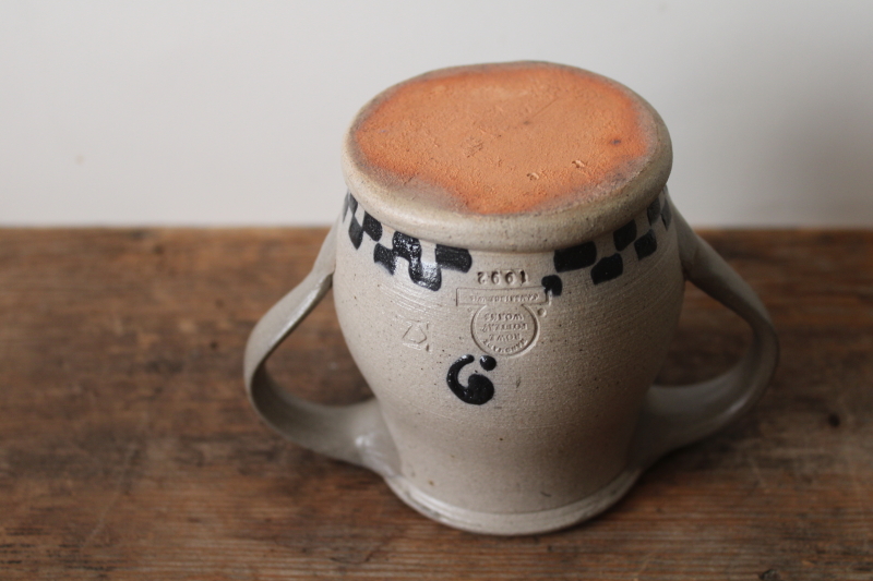 photo of vintage Rowe pottery stoneware crock, primitive style ABC double handled cup  #5