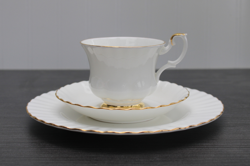 photo of vintage Royal Albert England bone china trio, Val dOr white w/ gold plate, tea cup saucer #1