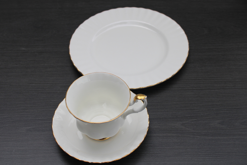 photo of vintage Royal Albert England bone china trio, Val dOr white w/ gold plate, tea cup saucer #2