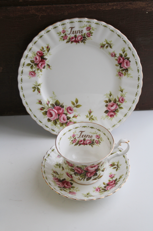 photo of vintage Royal Albert June roses flower of the month china tea cup & saucer w/ plate #1