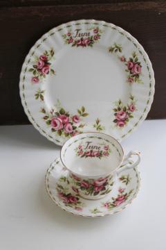 catalog photo of vintage Royal Albert June roses flower of the month china tea cup & saucer w/ plate
