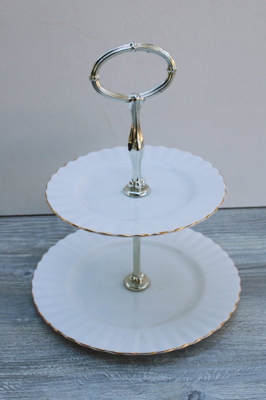 photo of vintage Royal Albert Val dOr gold trim pure white china tiered tray, two plates w/ handle #1