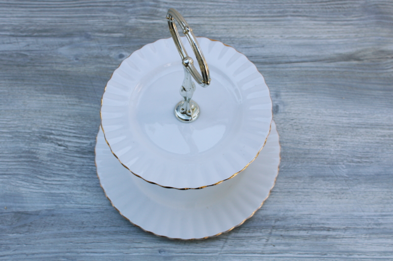 photo of vintage Royal Albert Val dOr gold trim pure white china tiered tray, two plates w/ handle #2