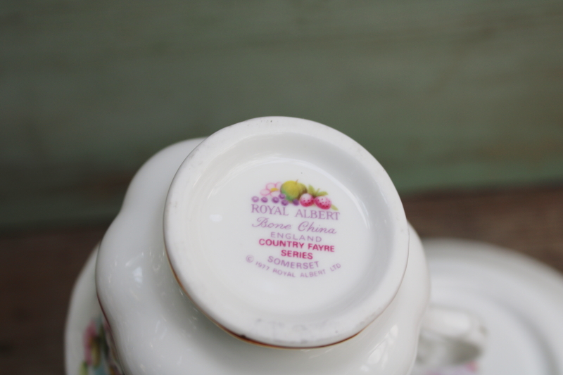 photo of vintage Royal Albert bone china tea cup & saucer set, Somerset Country Fayre fruit pattern  #5