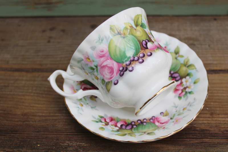 photo of vintage Royal Albert bone china tea cup & saucer set, Somerset Country Fayre fruit pattern  #6